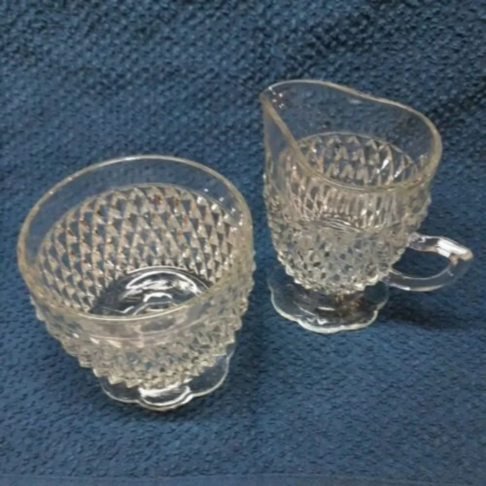Indiana Glass Diamond Point Crystal Pressed Glass Sugar & Creamer Set Scallop